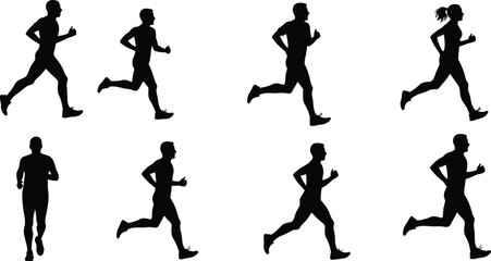 Silhouettes of Men and Women Running in Different Poses, Outdoor Fitness Jogging and Exercise Vector Illustration for Healthy Lifestyle