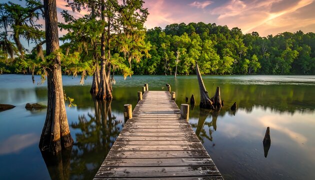 Serene wooden dock at sunrise on tranquil lake