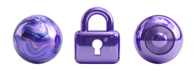 Purple Sphere, Lock, and Abstract Orb on White Background