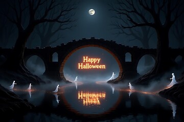 Eerie halloween night scene with full moon and "happy halloween" message