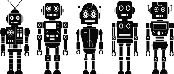 Robot icon set, retro mechanical vector, vintage automation design, black and white robotic character collection, cartoon robot illustration, AI elements