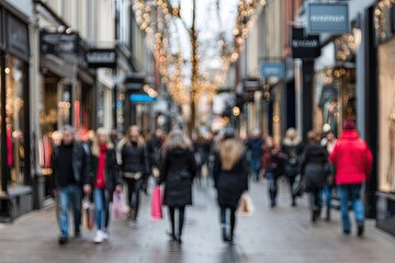 Blurred pedestrian street scene with shops
