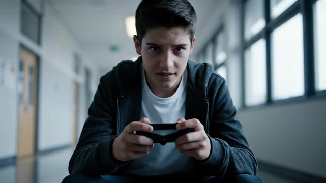 Focused Teen Boy Playing Mobile Game in School Corridor Setting