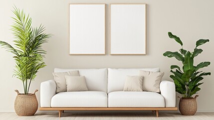White couch with pillows and plant in a cozy room featuring a triptych canvas mockup above the sofa