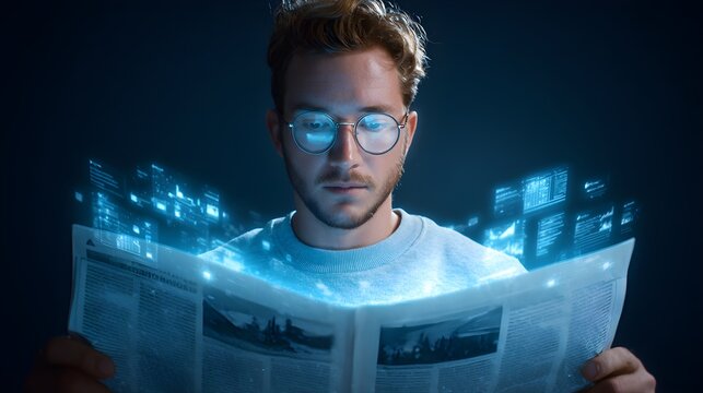 Young man reading newspaper with futuristic data streams and digital interface overlay.