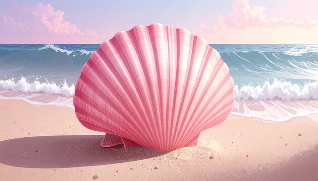 Pink seashell on a beach at sunrise