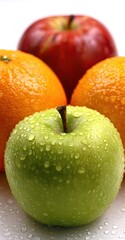 Close-up of three fresh fruits red apples, orange, and a green apple with water droplets