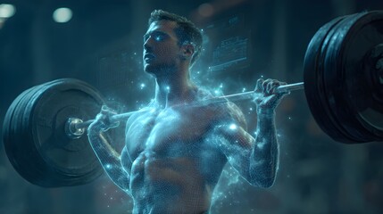Futuristic weightlifter with digital data overlay, representing biohacking, fitness technology, and human potential.