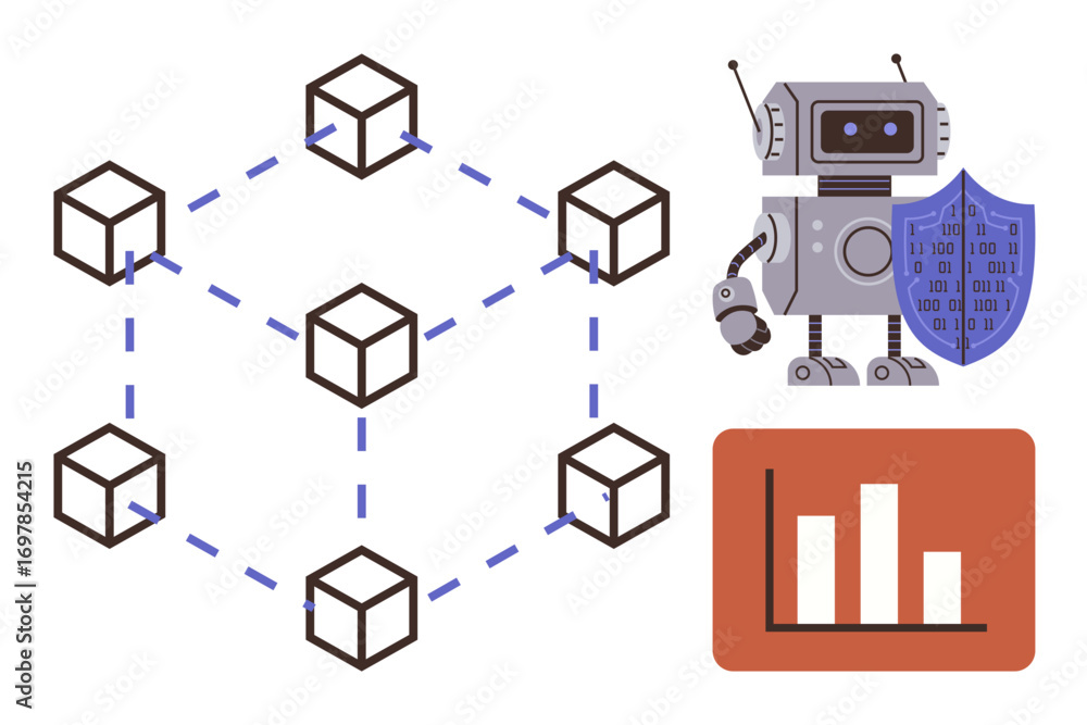 Poster blockchain grid connecting blocks, robot with shield symbolizing cybersecurity, and bar chart for da