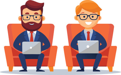 Two business men sitting in armchairs working on laptops with smiles