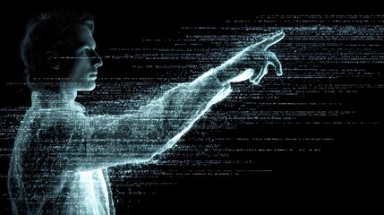 Woman interacting with digital data stream, futuristic technology concept, innovation, and connectivity.