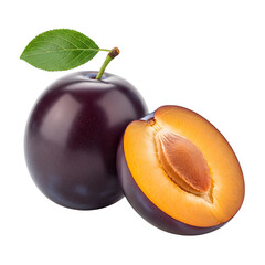 Fresh ripe plum and half plum with leaf on white background