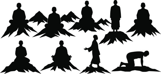 Silhouettes of monks meditating on mountains, spiritual practice, mindfulness, peaceful nature, serene meditation, zen, tranquility, monk walking, spiritual journey