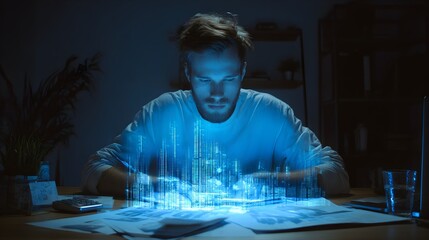 Data analysis and financial forecasting concept with illuminated cityscape over documents.