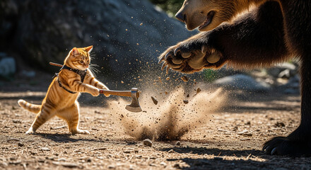 The cat is holding an axe.