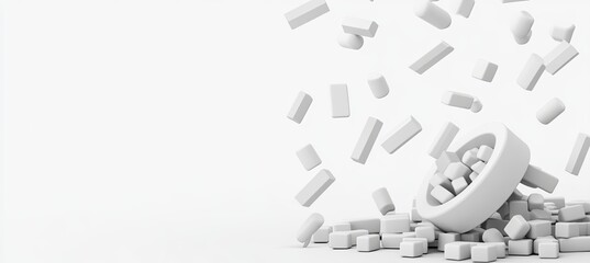 Abstract 3D composition of falling and clustered white shapes on a white background