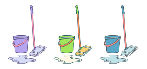 Hand drawn mop and bucket of purple, yellow and blue colors isolated on white background. Floor cleaning tool, drawing doodle sketch. Vector clipart or png for household chores illustration.