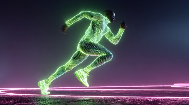 Futuristic runner silhouette glowing with neon energy, digital human concept for sports and technology.