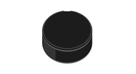 Simple isolated illustration of a solid black hockey puck, showcasing its cylindrical shape and design on a white background