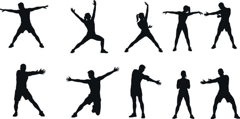 Silhouettes of People Doing Warm-Up and Stretching Exercises – Fitness, Yoga, and Workout Poses Vector Clipart Set