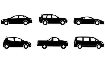 Diverse Vehicle Silhouettes Vector Set: Collection of Six Car Types Including a Sedan, SUV, Sports Car, and Minivan for Transportation and Automotive Design Projects.