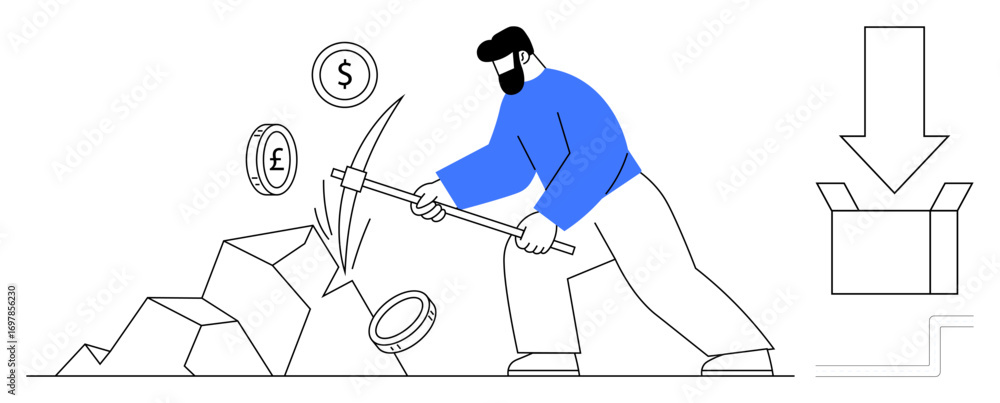 Poster man using pickaxe to extract currency symbols from rocks, with coins flowing into a box. ideal for f