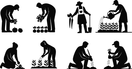 Silhouettes of people gardening, planting vegetables, harvesting crops, watering plants, and working in garden, farming vector illustration set.