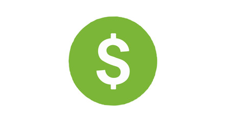 Obraz premium Green icon on transparent, large central green circle with white dollar ($) symbol in the middle, representing finance, growth and investment, flat vector design, crisp and professional, isolated
