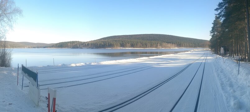 Snowy winter landscape with a frozen lake and cross-country ski trails - Powered by Adobe