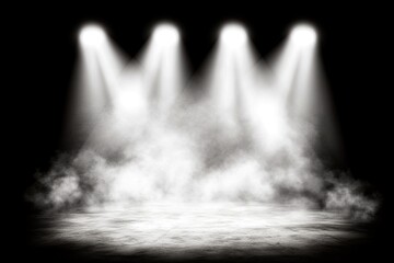Three spotlights illuminate a smoky stage
