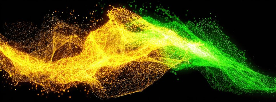 Abstract dynamic streams of yellow and green particles against a black background