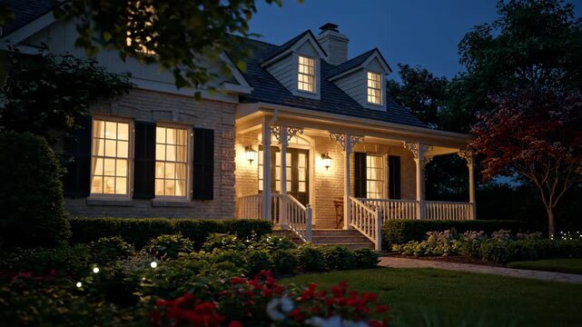 Cozy Evening Home Exterior with Warm Lighting and Lush Garden