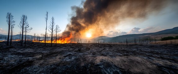 Forest fire raging at sunset with smoke rising