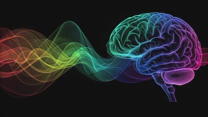 Brain Wave: The image presents a visually captivating portrayal of the human brain, accompanied by colorful, undulating waves, embodying the concepts of thought, creativity, and intellect. - Powered by Adobe