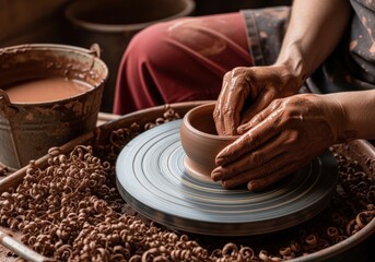 Craftsperson shaping clay on spinning pottery wheel
