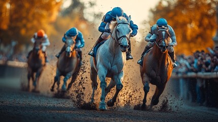 Horses thunder down the track as jockeys soar into action, creating an exhilarating atmosphere during a sunset race