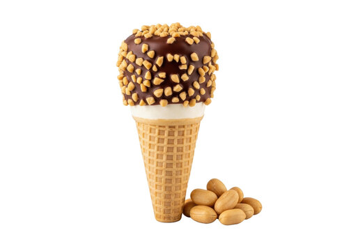 Classic drumstick ice cream cone with golden crispy waffle, creamy pale vanilla, glossy dark chocolate, chopped roasted peanuts, and whole peanuts on clean transparent background. Concept for dessert