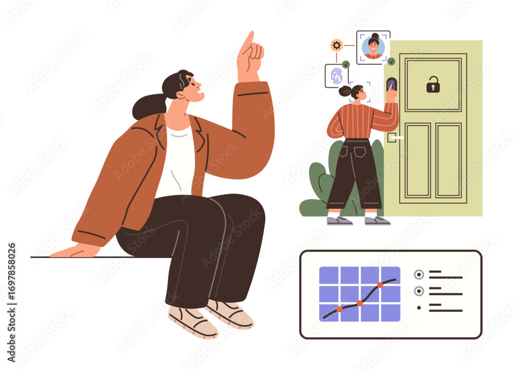 Poster person using smart door lock with facial recognition, another analyzing data chart featuring technol