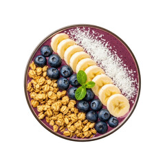 Vibrant purple acai smoothie bowl with golden granola, banana, blueberries, coconut, mint, on transparent background, bright studio lighting, overhead flat lay, healthy food advertisement