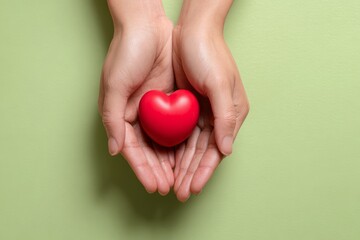 Fototapeta premium A small, vibrant red heart is cradled gently in two hands against a calming, light green backdrop.