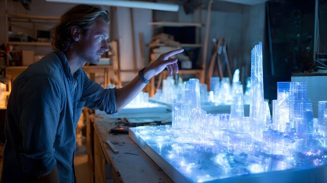 Architect examining illuminated futuristic city model in workshop, innovation and urban planning concept. - Powered by Adobe