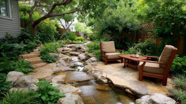 A serene backyard oasis with a natural stream, stone pathway, and comfortable seating area