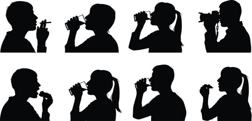 Silhouettes of People Smoking, Drinking, and Taking Photos, Side Profile Vector Set of Men and Women on White Background