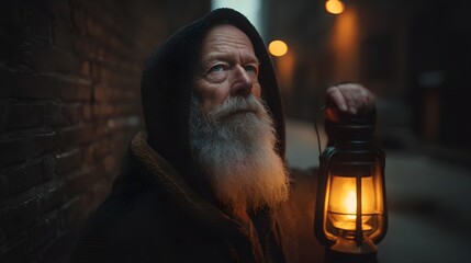 Mysterious elderly man with long beard holding antique lantern in a dark alleyway.