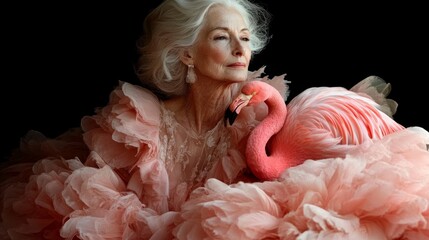 An elegant woman in a voluminous pink gown gently cradles a vivid flamingo, symbolizing unique beauty and grace