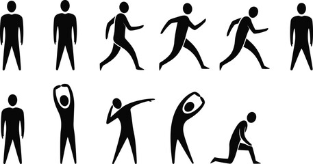 Silhouettes of People Walking, Standing, Running, and Stretching in Various Poses for Fitness, Exercise, Sport, and Health Concepts