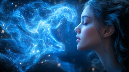 A tranquil moment featuring a graceful profile surrounded by swirling blue mist, evoking a sense of wonder and calm