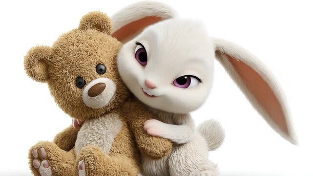 Animated teddy bear and bunny characters embracing on a white background