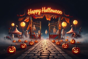 Enchanting halloween scene with glowing pumpkins and spooky decorations on a cobblestone path