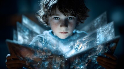 Young boy reading a book with digital data and glowing futuristic interface elements.